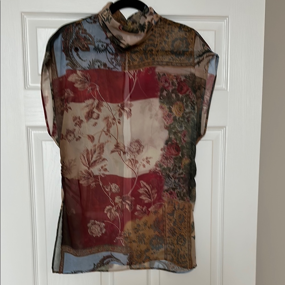 Zara Multicolor Floral Patchwork Sheer Blouse - Red, Blue, Cream, Brown